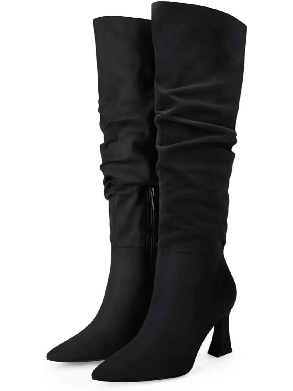 Women's Black Suede Wide Calf Pointed Toe Side Zipper Slouchy Knee High Boots
